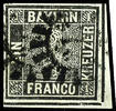 Bayern 1 Kreuzer black, plate 1, having full to wide margins cut and fresh colours extremely fine copy as corner of the sheet, cancelled by clos -