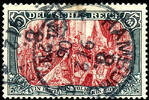 Deutsches Reich 5 Mark green black / dark carmine, 26 : 17 perforation holes, cancelled Hamburg 9 / 2 06 1-2 N, very fine, photo expertize Michael J -