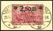 Deutsches Reich 2,50 Mark 2, on 2 Mark rose-carmine. Neat circle cancelled on piece, photo expertize Dieter Weinbuch BPP perfect Michel 250.- -
