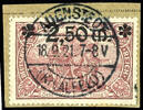 Deutsches Reich 2,50 Mark 2, on 2 Mark dark carmine brown, used Auenstedt (Kr. Alfeld) 18.9.21, very fine, expertized Oechsner BPP, photo expertize Die -
