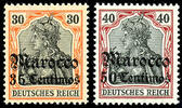 Deutsche Post in Marokko 40 Pfennig 30 and Germania with overprint Marocco 35 Centimos, as well Marocco 50 Centimos, mint never hinged, without signature, soun -