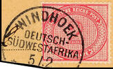 Deutsch-Südwest-Afrika Vorläufer 2 Mark reddish carmine, used WINDHOEK DSWA 5 / 12 (cancel II, Steuer 2 x), on piece, sound, expertized Bothe BPP -