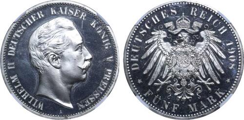 Germany Wilhelm II (1888 - 1918), 5 Marks, 1908 year, A Top-Pop, NGC, PF 66 Ultra Cameo