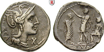 Denarius 110-109 v.Chr. P. Laeca, 110-109 BC nearly very fine, die flaw ...