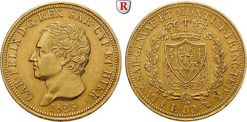 Italy 80 Lire 1825 Kingdom Of Sardinia, Carlo Felice, 1821-1831, Gold, 25,81 g very fine to extremel