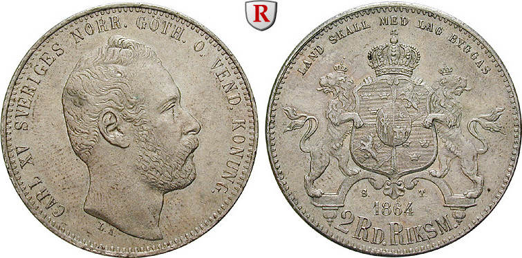 Sweden 2 Riksdaler 1864 Carl XV., 1859-1872 Extremely Fine To ...