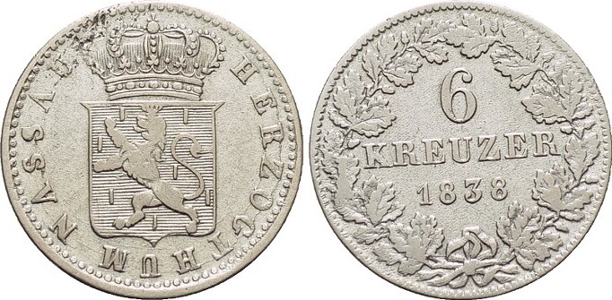 Nassau 6 Kreuzer 1838 Wilhelm 1816-1839. Kl.Sf.a.Vs., VF | MA-Shops