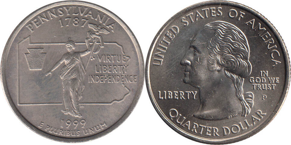 United States 25 Cents Quarter 1999 P Pennsylvania Unc MA Shops