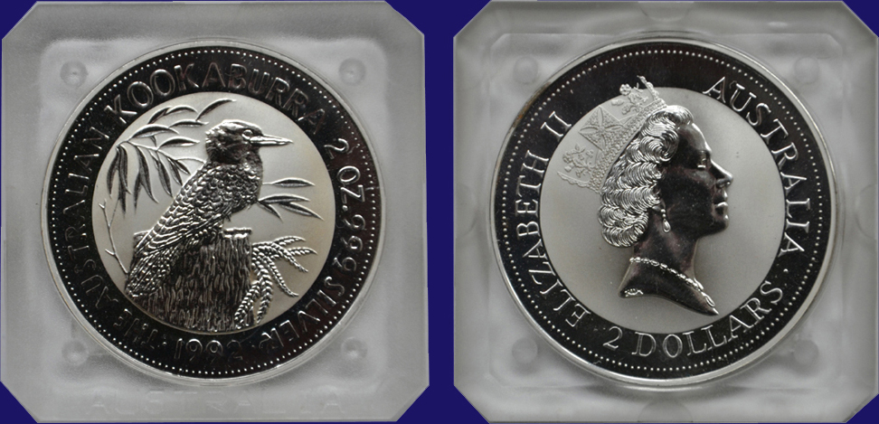 Australia 2 Dollar 1992 Kookaburra 2 Ounces Silver Bu in Capsule