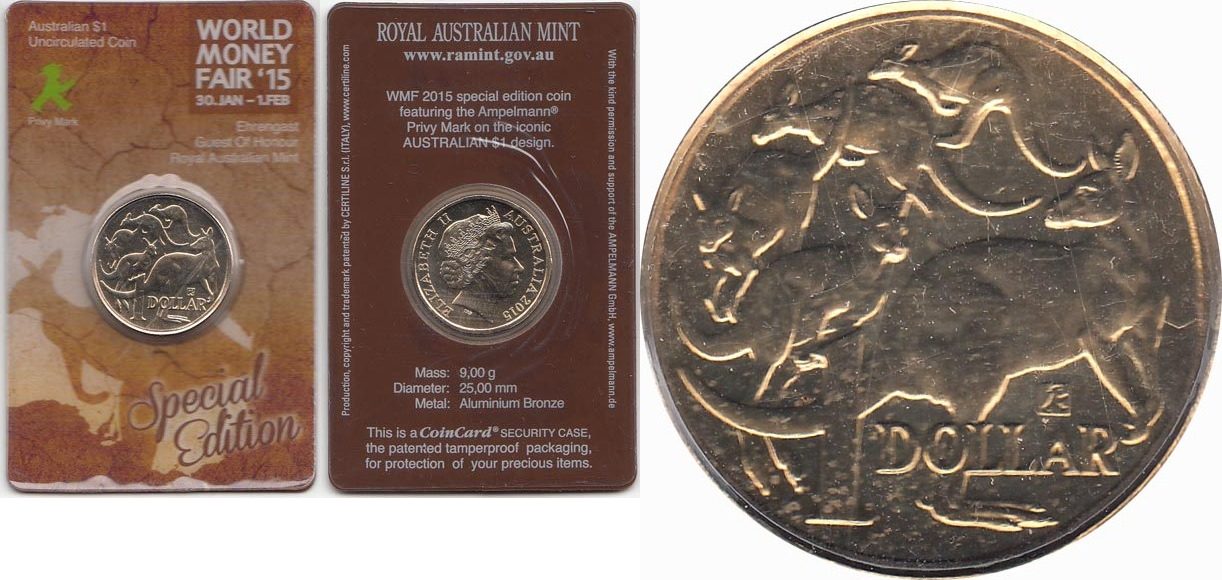 1 Dollar 2015 Australia 100 Unc Coin With Privy Mark Ampelmann World Money Fair Berlin Unc