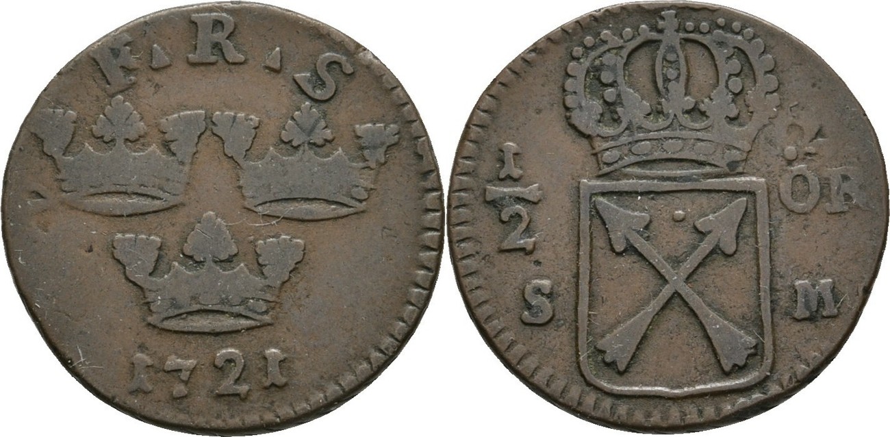 Schweden 1/2 Öre 1721 SM Frederick I., 1720-51 VF | MA-Shops