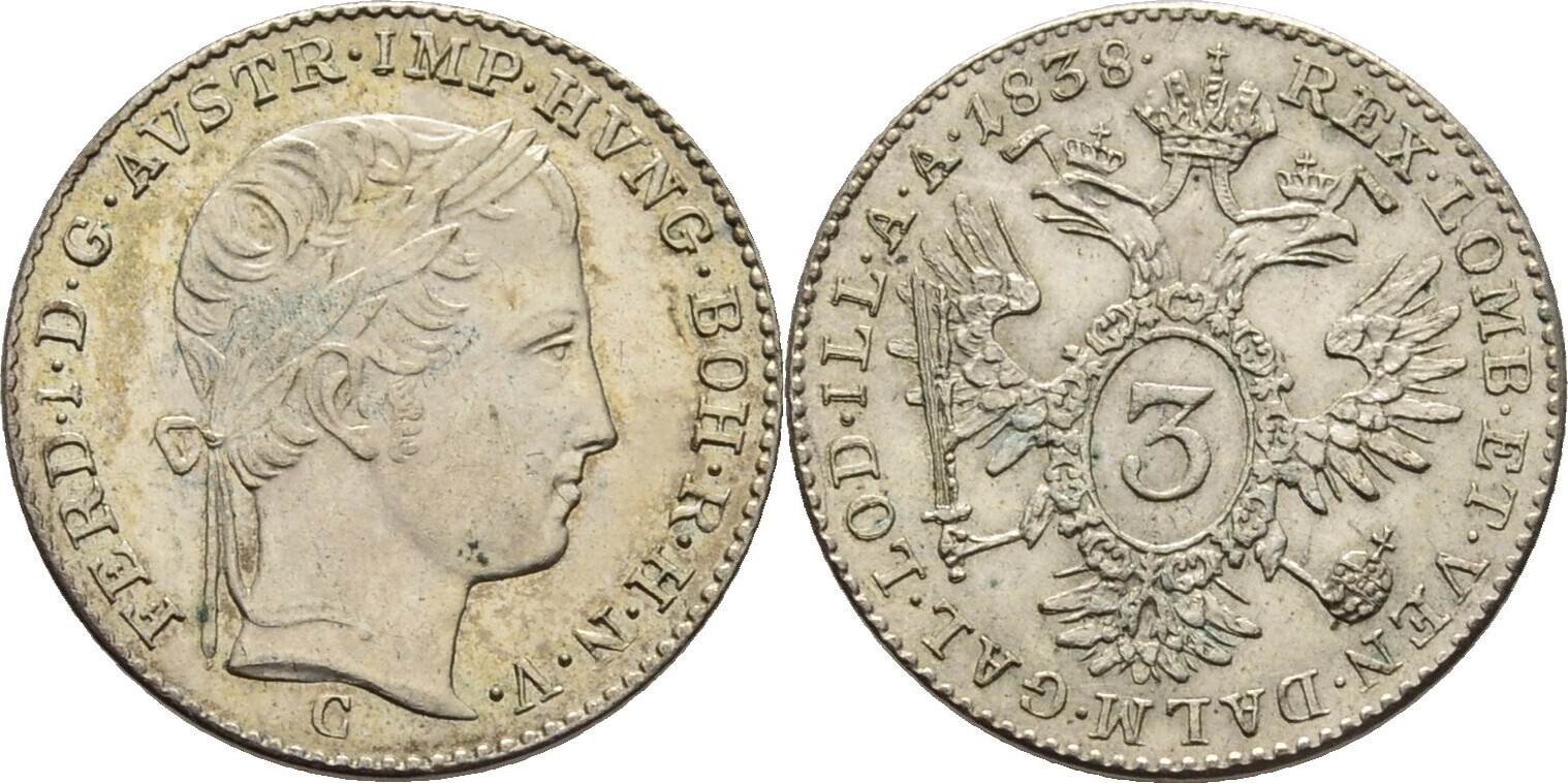 Österreich Böhmen Prag 3 Kreuzer 1838 Ferdinand I., 1835-1848 AU | MA-Shops