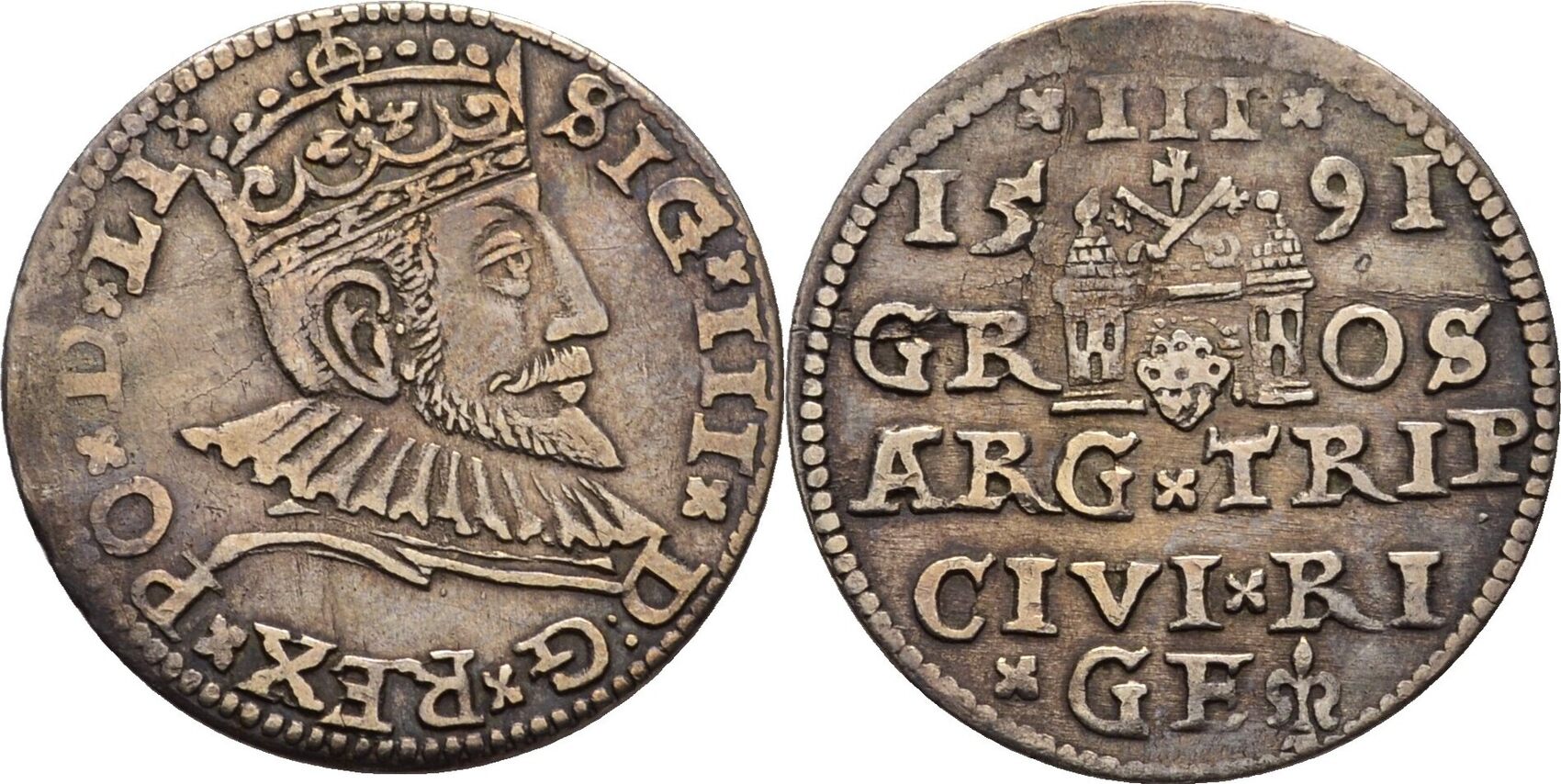 Riga Polen Dreigröscher Trojak 1591 Sigismund III., 1587-1632 VF ...