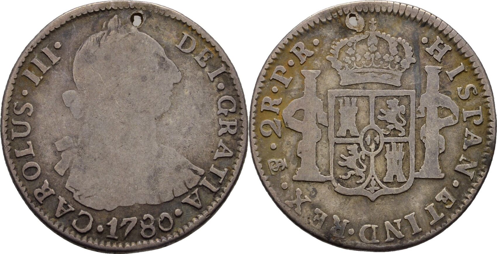 Spanien Bolivien Potosi 2 Reales 1780 Carlos III., 1759-1788 gelocht ...