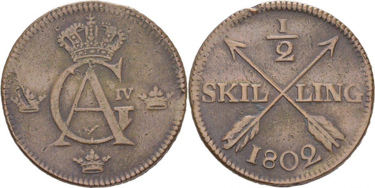 Schweden 1/2 Skilling 1802 Gustav IV. Adolf F-VF | MA-Shops