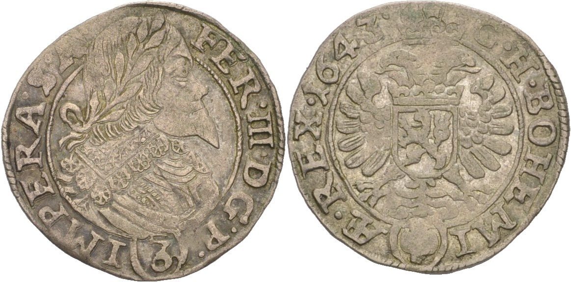 RDR Böhmen Joachimstal 3 Kreuzer 1643 Ferdinand III., 1637-1657. VF ...