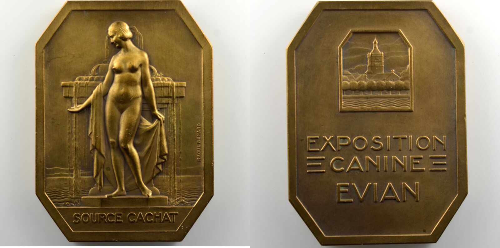 Tokens and Medals Numismatic of Exhibitions Evian - Exposition Canine  BENARD Raoul Plaquette rectangulaire aux coins coupés en bronze 68x50mm  Source Cachat - Exposition Canine Evian SUP EF | MA-Shops