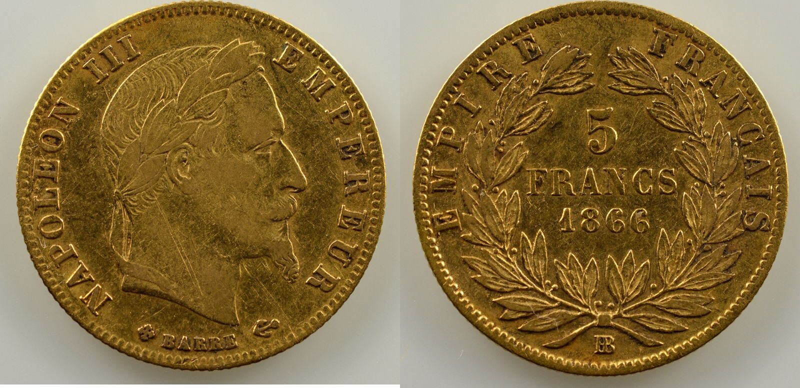 French gold coins 5 Francs G.1002 5 Francs Napoléon III, tête laurée