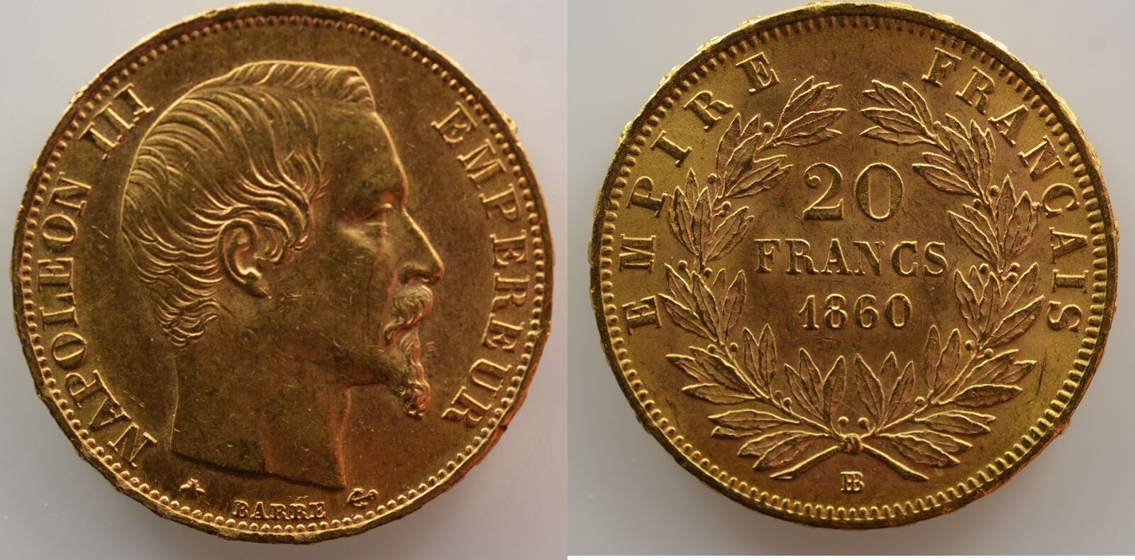 French gold coins 20 Francs G.1061 20 Francs Nap.III, tête nue 1860 BB  (Strasbourg) SUP EF | MA-Shops