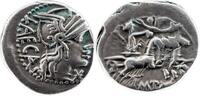 Roman Republic Denarius M Porcius Laeca AR Denarius – Libertas in quadriga, crowned by Victory -