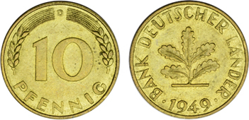 10 Pfennig 1949 D 10 Pfennig Current Coin 1949 D Xf Currency