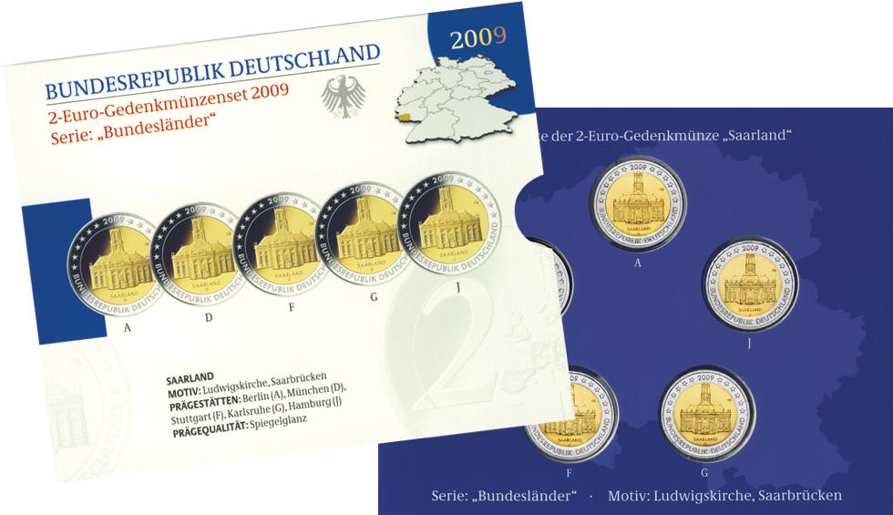 2009 Germany 2 Euro UNC Coin Saarland Ludwigs Church Saarbrucken G Karlsruhe