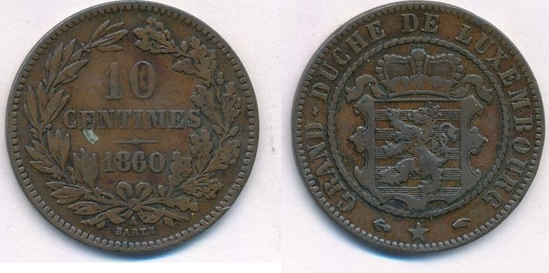 Luxemburg 10 Centimes 1860 Umlaufmünze Vf 