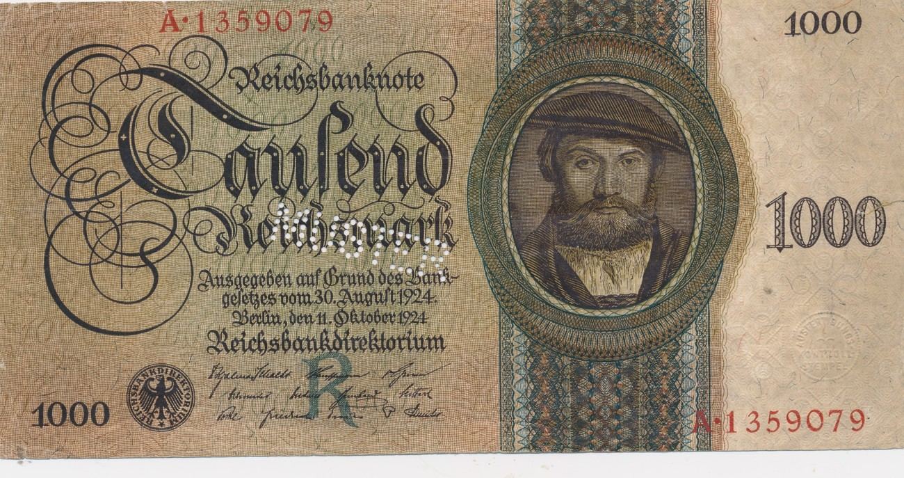 Deutsche Reichsbank 1000 Reichsmark 1924-1945 Muster Schein, Serie A  1359079 Udr.-Bst.: R | MA-Shops