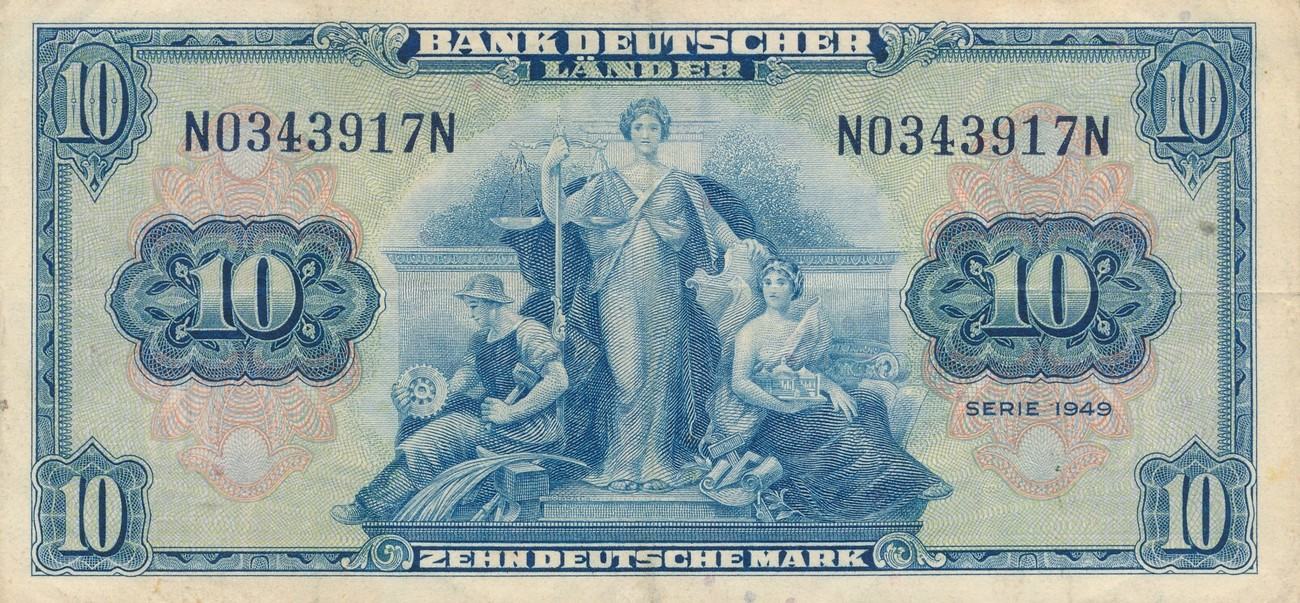 Bank Deutscher Länder 1949 10 Mark Schein Bank deutscher Länder 10 Mark 1949 KN 7stellig, dunkelblau, Nr.N