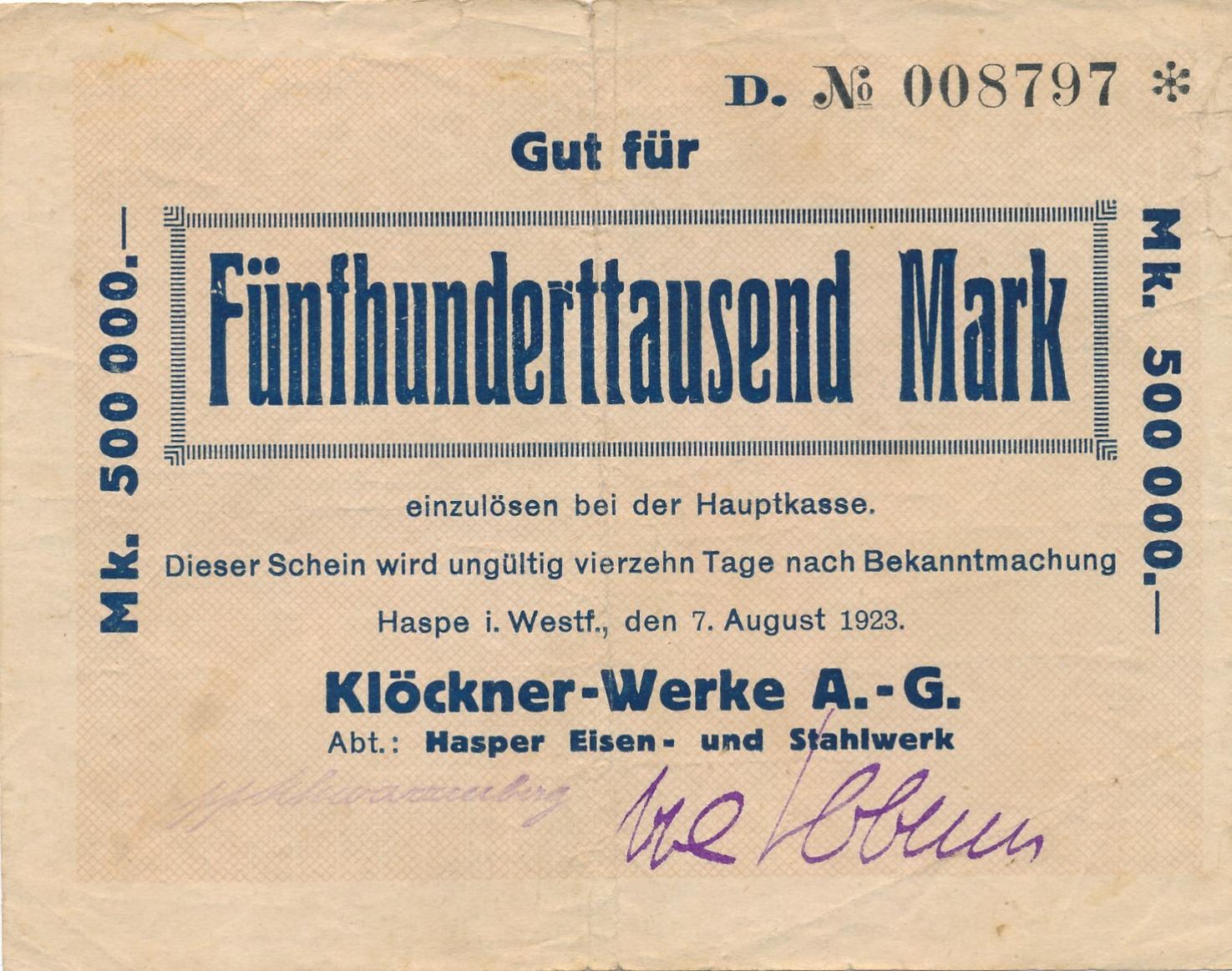 500 Tausend Mark 1923 Klockner Werke A G Hasper Eisen Und Stahlwerk V Ma Shops