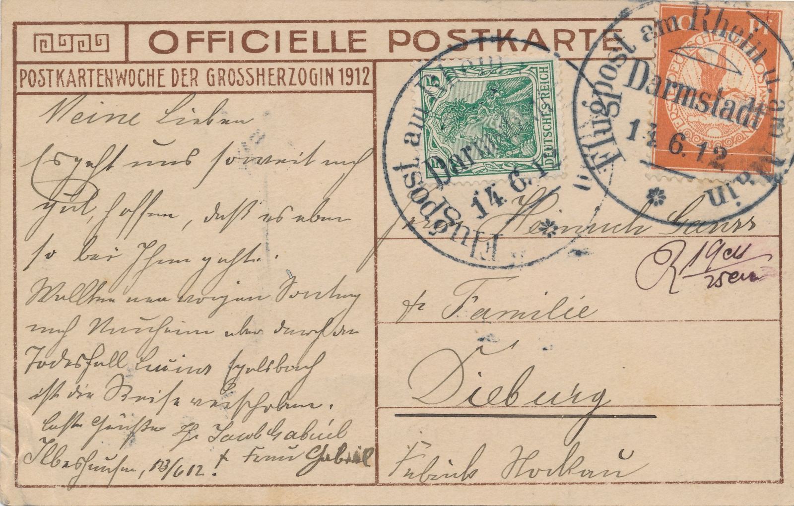 Officielle Postkarte der Flugpost am Rhein 1912 mit Söhne v ...