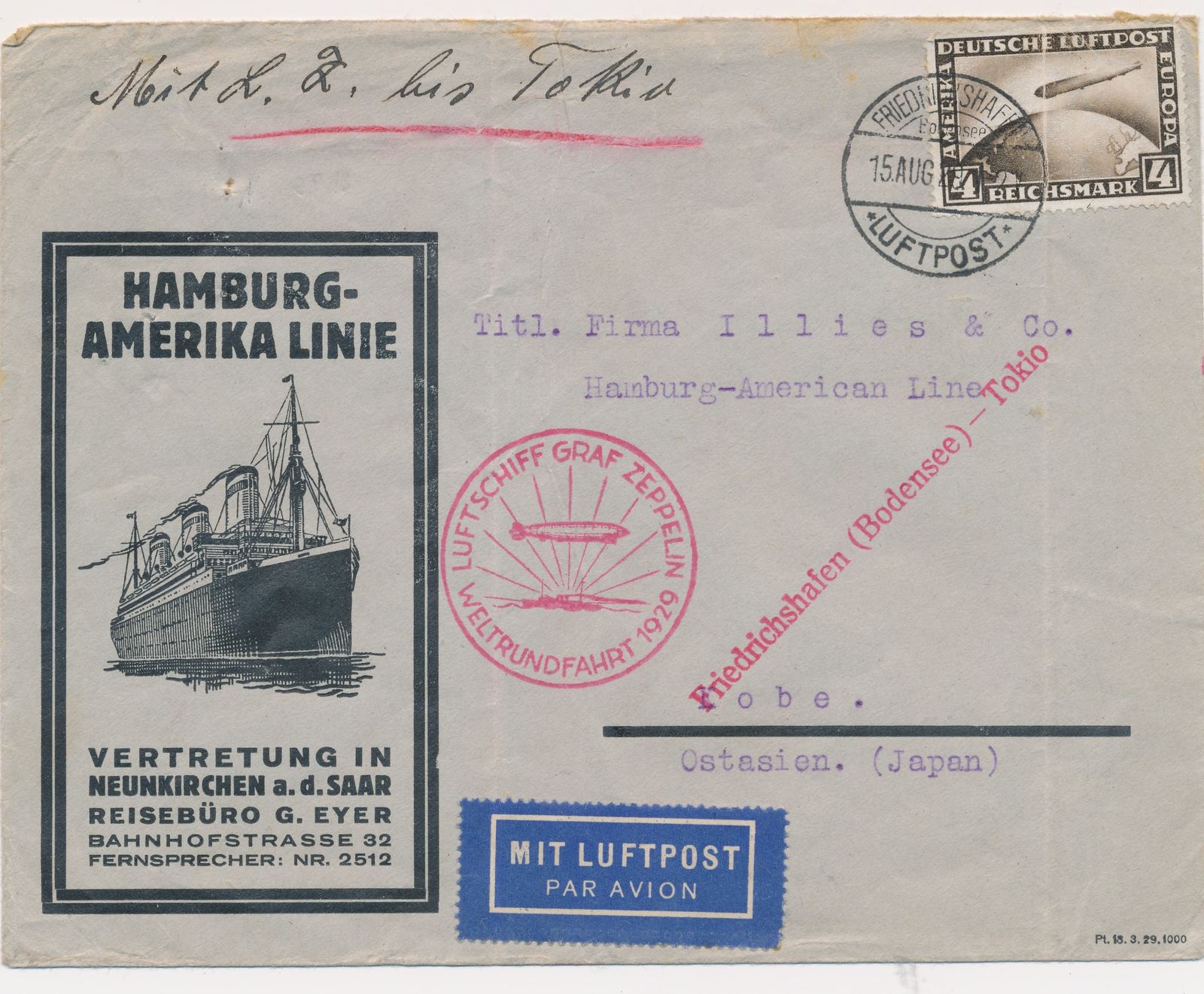 Brief Mit Luftpost Mit Stempel Lz Graf Zeppelin 1922 Friedrichshafen To Tokio Ma Shops