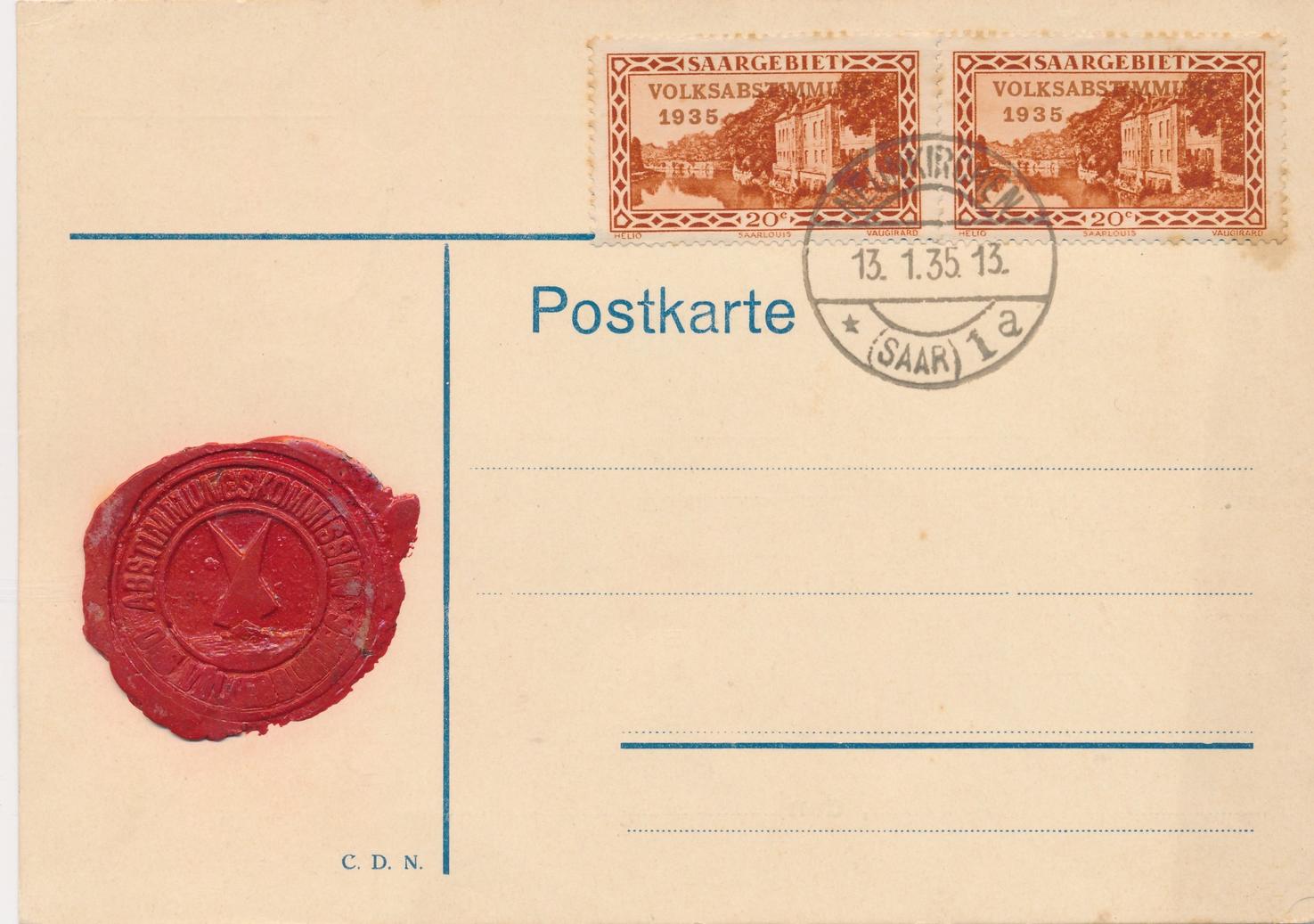 1935 Saargebiet Postkarte mit Siegellackstempel ( Abstimmungskommission ...