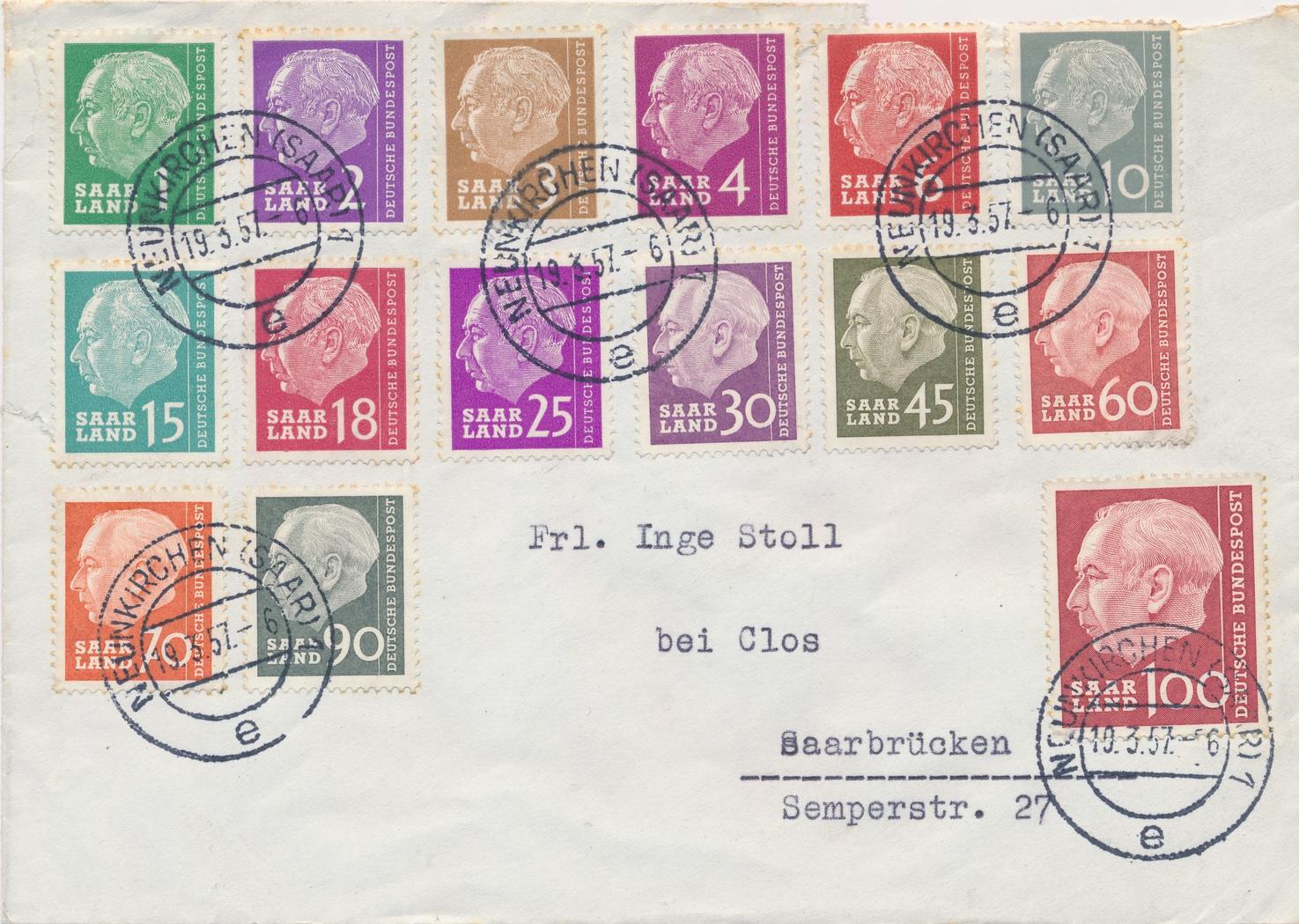 Saarland 1957 Brief postalisch gelaufen und datiert mit Stempel und ...