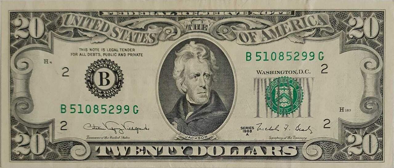 Bottom dollar. Купюра 20 долларов США. Доллар Эндрю Джексон. 1974 Federal Reserve Note.