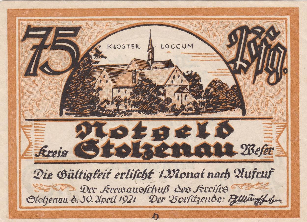 75 Pfennig 30 4 1921 Ein Notgeldschein Aus Stolzenau VF MA Shops