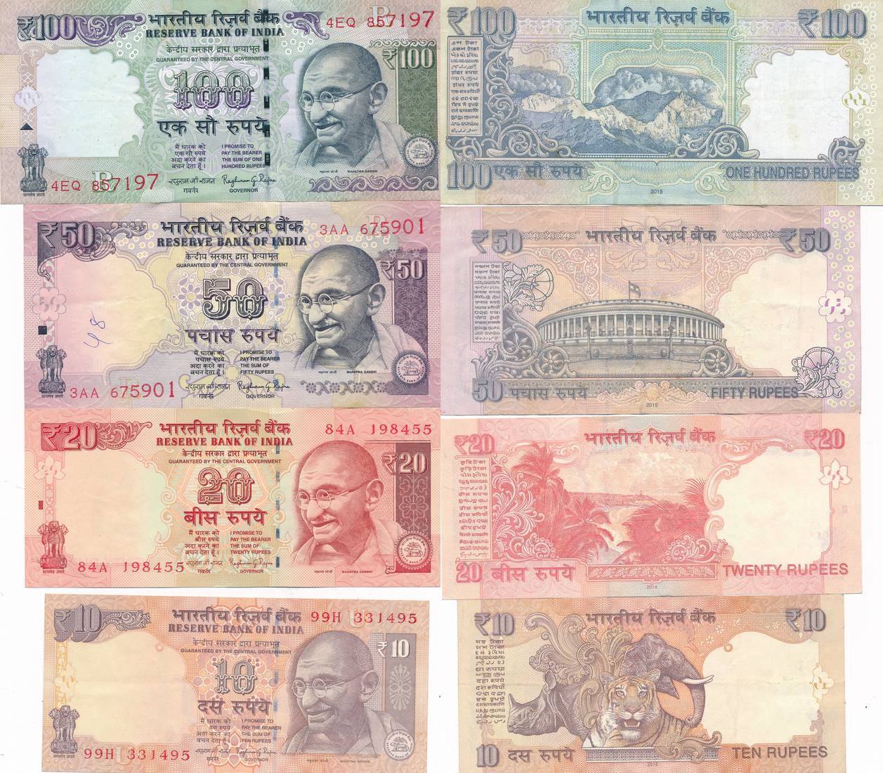 Indien Lot 4 Banknoten Um 1980 10 50 100 Rupees Gandhi Ma Shops