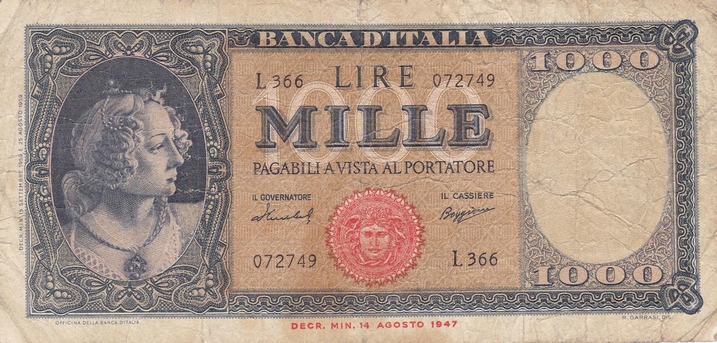 Italien 1000 Lire 1947 Banknote Geldschei Mille Lire Italia IV-V stark ...
