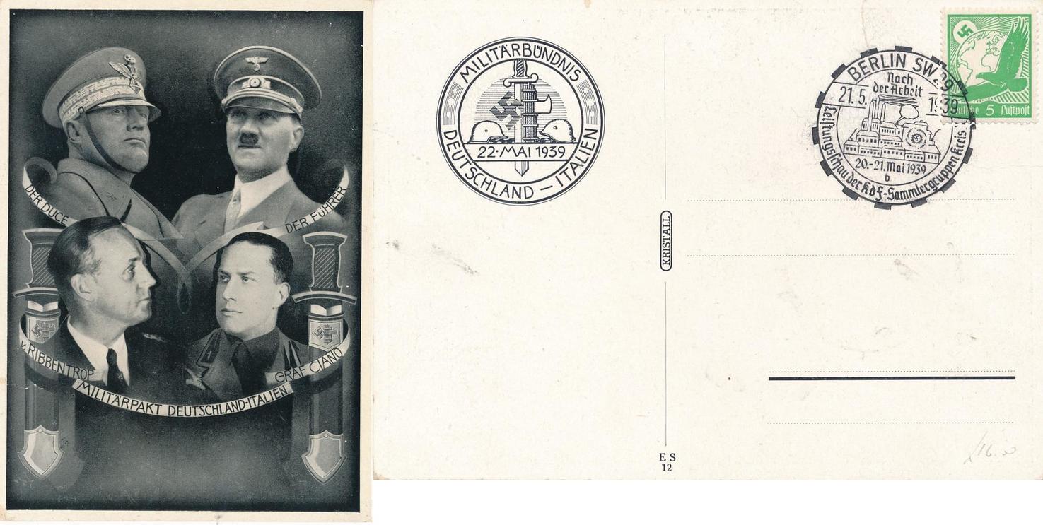 <b>III</b>.<b>Reich</b> 1939 AK Militärbündnis Deutschland-Italien, Sonderstempel und Bri...