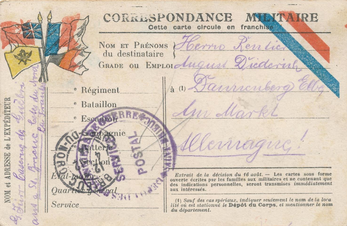 1914 Correspondance Militaire mit Bataillon Stempel von Frankreich nach Deutschland