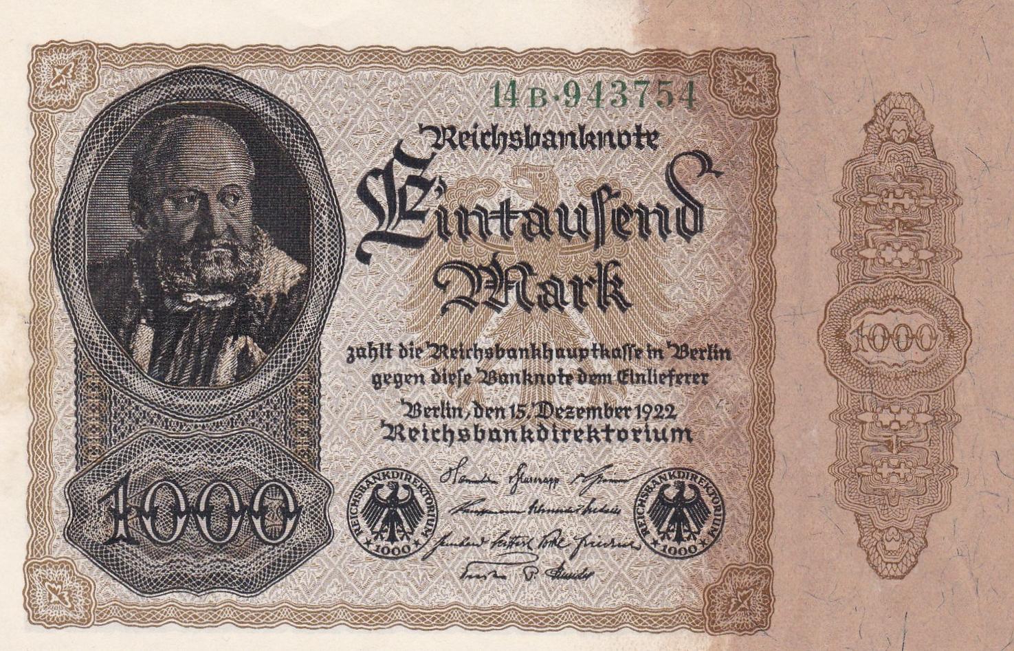Deutschland 1000 Mark 1922 Reichsmark Reichsbanknote Deutsches Reich KN ...