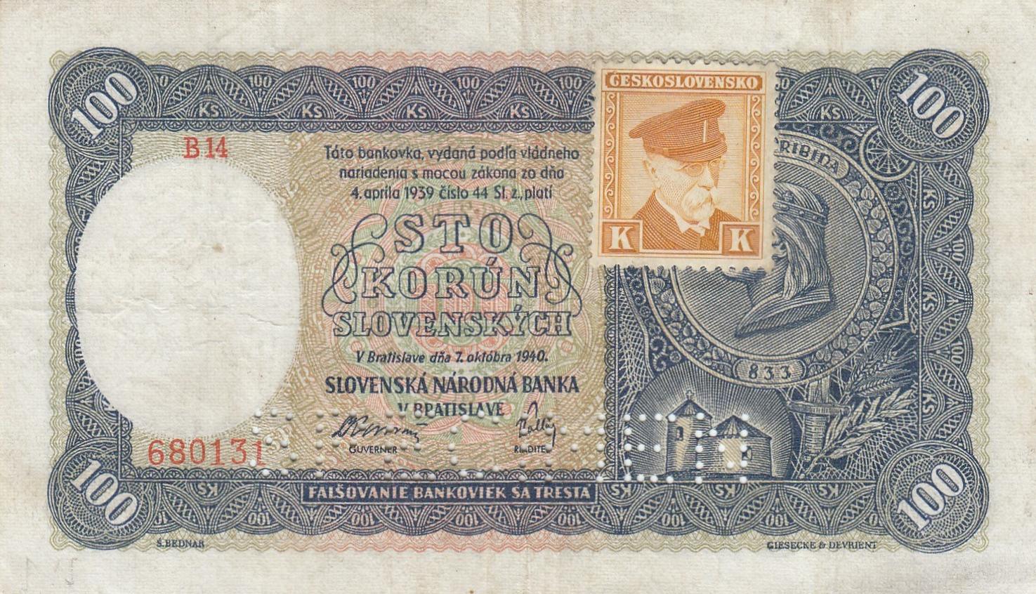 Tschechoslowakei Tschechien 100 Korun 1940 Geldschein Banknote Sto Korun  Slovenska Narodna Banka VF | MA-Shops