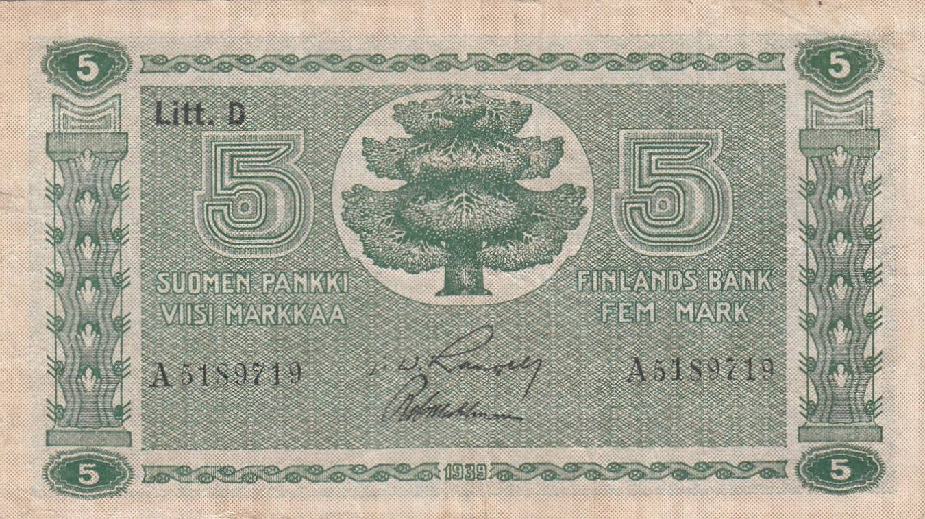 Finnland 5 Markkaa Mark 1939 Geldschein Banknote Suomen Pankki VF- |  MA-Shops