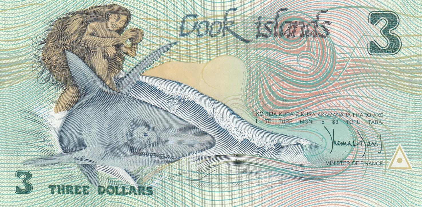 Cook Islands 3 Dollars 1987 P-3 Shark First Issue Unc 