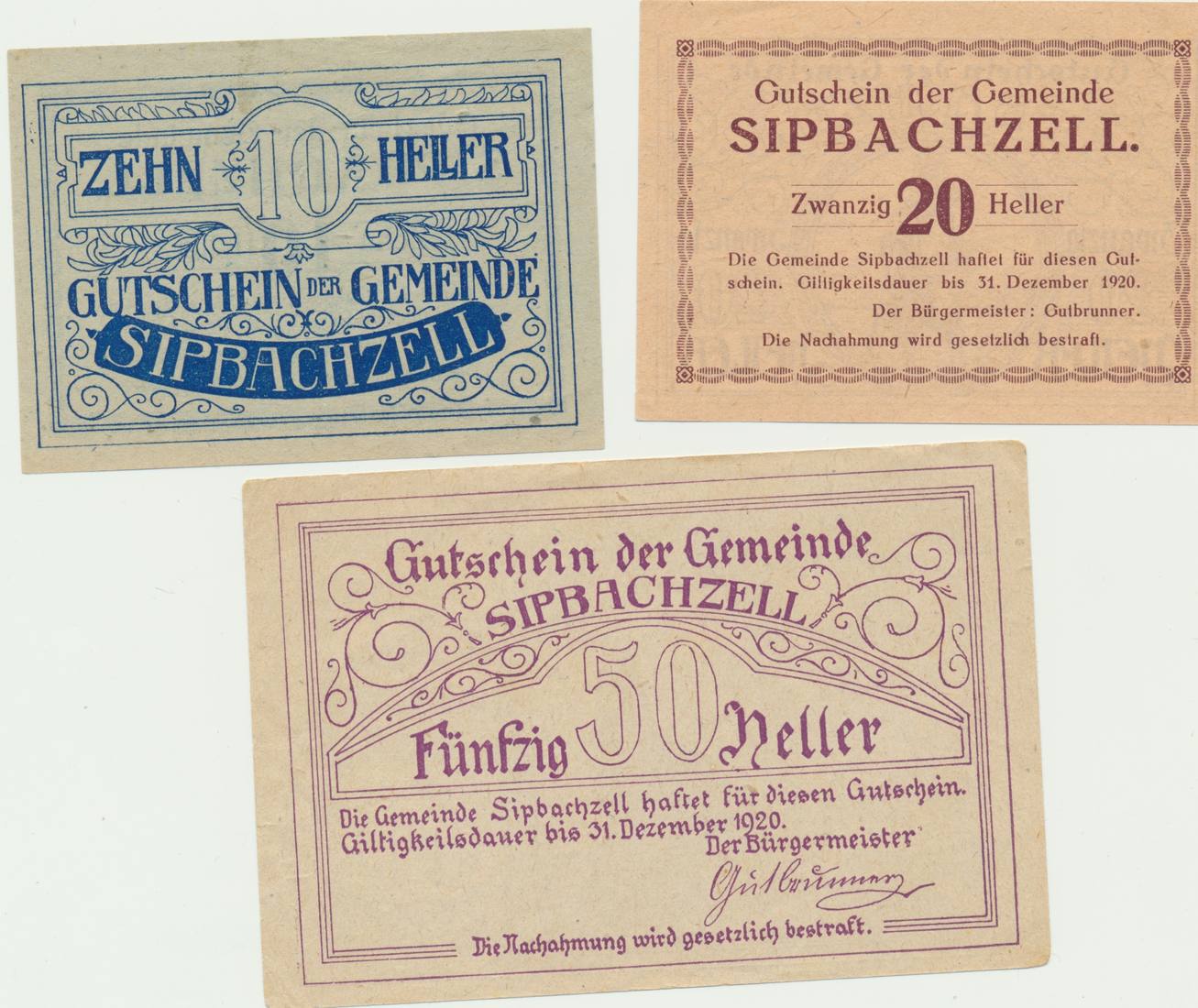 Sirbachzell 1920 Gutscheine der Gemeinde 10-20-50 Heller | MA-Shops