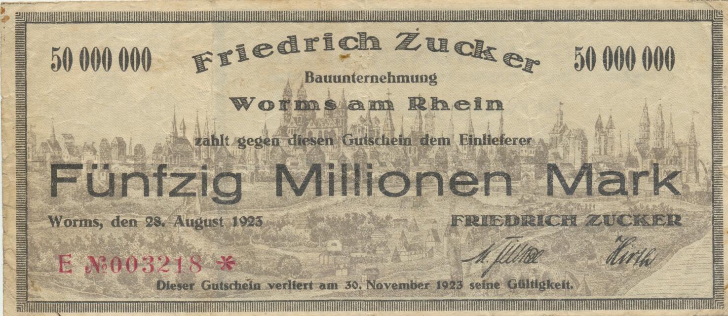 Worms 50 Millionen Mark 1923 Gutschein Friedrich Zucker ...