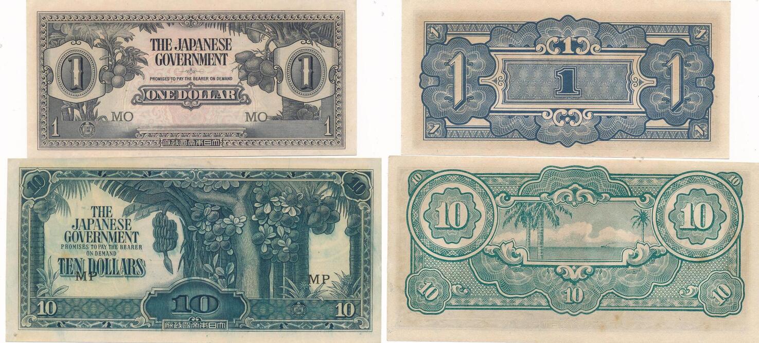 Malaya 1 und 10 Dollars 1942 Geldschein Banknote The Japanese