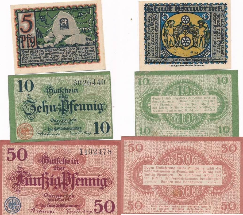 1917 3 Notgeldscheine 5-10-50 Pfennig fast UNC | MA-Shops