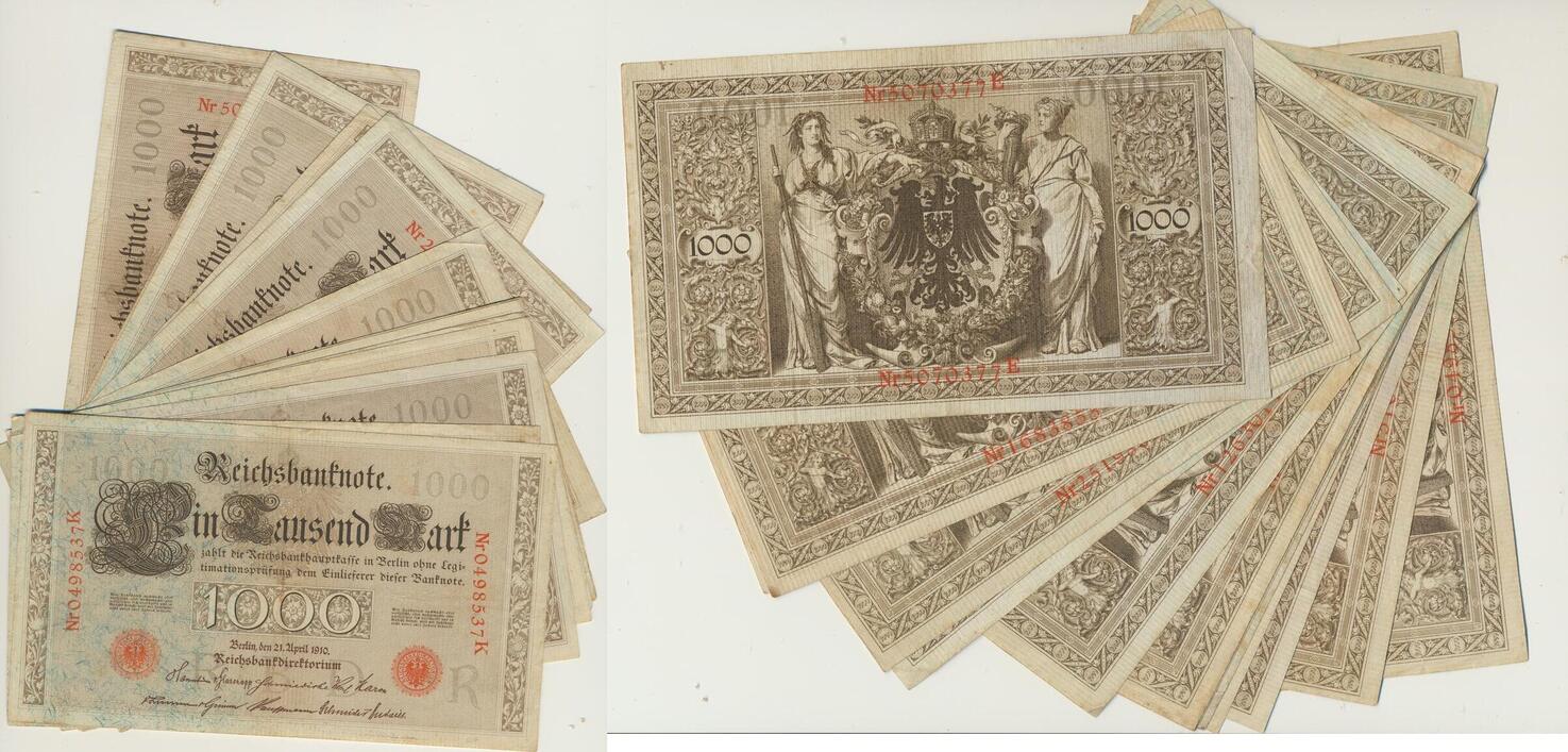 Reichsbanknote 1000 Mark 1910 Rotes Siegel Wert Deutschland 1000 Mark 1910 14 x Reichsbanknoten Siegel rot, KN 7stellig