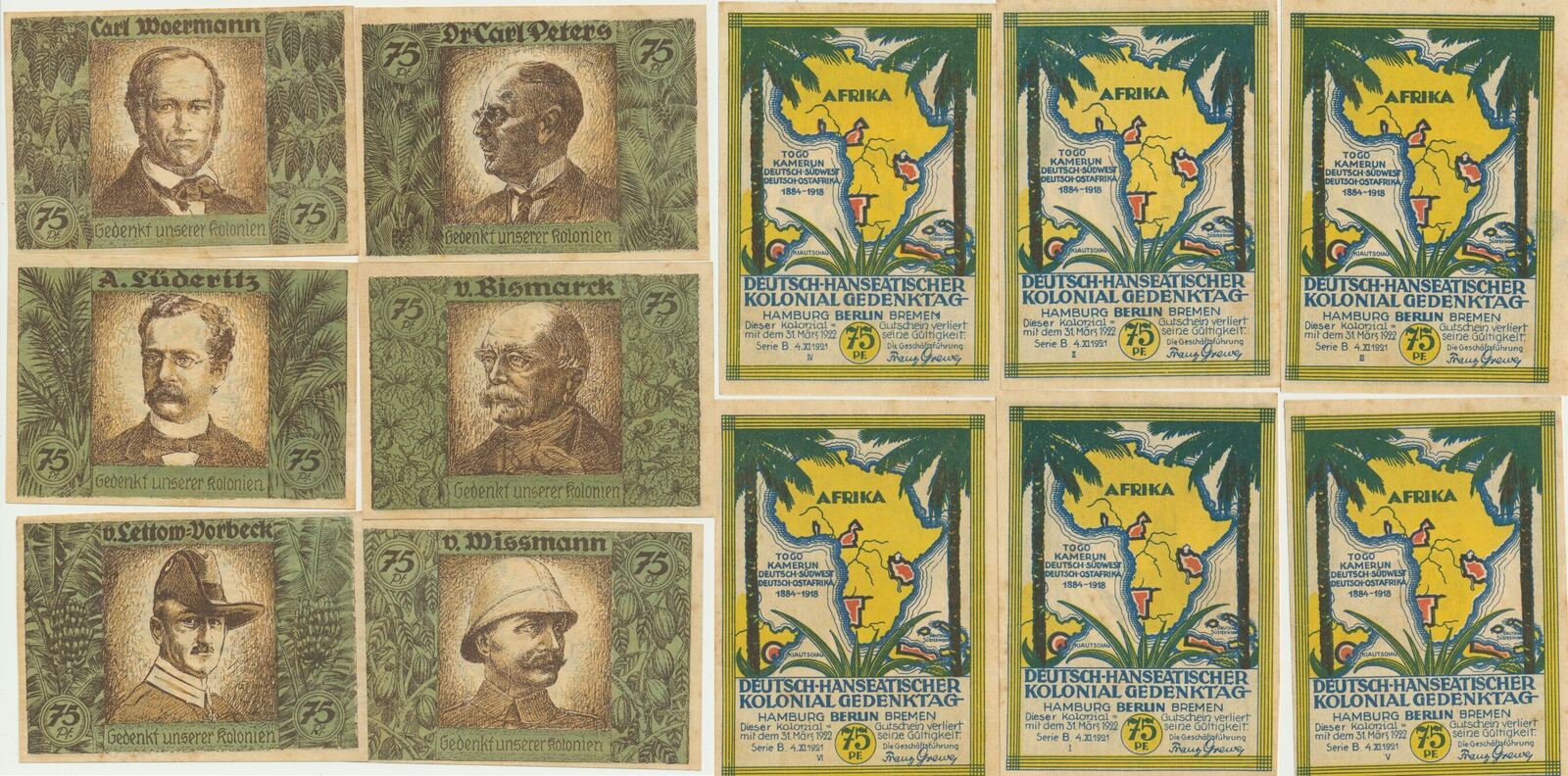 Hamburg-Berlin-Bremen 75 Pfennig 1921 6 Notgeldscheine  Deutsch-Hanseatischer Kolonial Gedenktag, Pioniere EF | MA-Shops, image size:1600x792